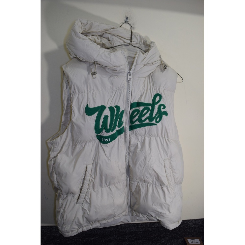Jil Sander WHEELS Puffer Ivory White Hooded Vest WOMENS 3XL Green Script